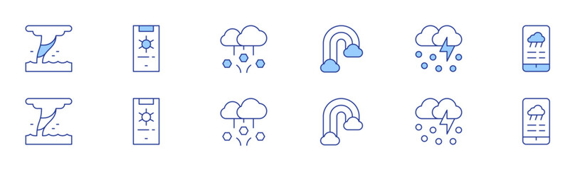 Weather forecast icon set in two styles, Duotone and Thin Line style. Editable stroke. waterspout, rainbow, weather forecast, ice storm, hail