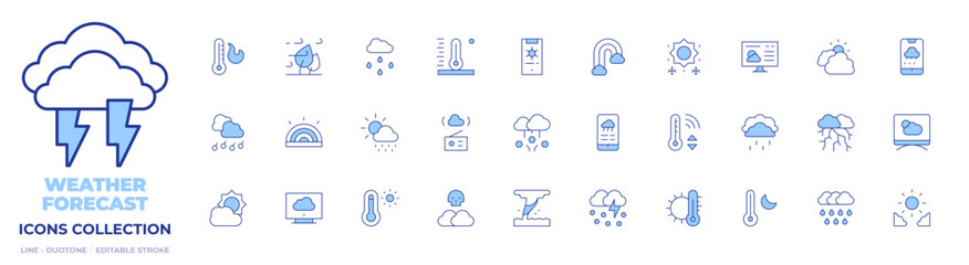 Weather forecast icons collection. Line Duotone style, editable stroke. hailstorm, rainbow, meteorology, killer fog, waterspout, snow, cloudy, weather forecast, wind, day