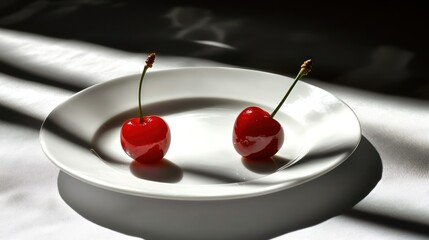 Two vibrant red cherries on a white plate, illuminated by sunlight
