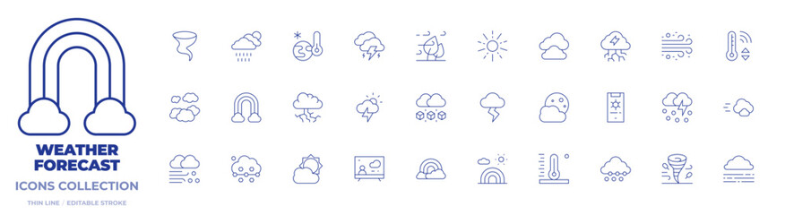 Weather forecast icons collection. Thin Line icons, editable stroke. tornado, wind, windstorm, clouds, rainbow, dust laden wind, blizzard, hail, ice storm, sun, cloud, fog