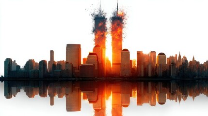 Dramatic sunset over iconic skyline with twin towers engulfed in flames during a catastrophic event