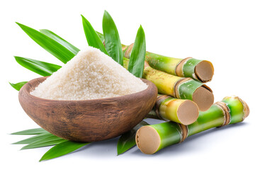 Natural cane sugar with bamboo stalks and green leaves on white background.