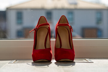 Red ladies pumps on the floor in front of a window
