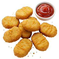 A high-res digital shot of eight crispy fried chicken nuggets stacked together, accompanied by a little bowl of ketchup, all set against a white backdrop. Captured in a stylish advertising vibe.
