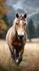 Fototapeta premium Horse walking through golden grass in a scenic landscape at dawn with mountains in the background