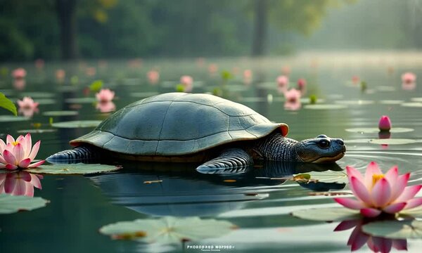 Yangtze Giant Softshell Turtle Surfacing in Lotus Lake with Ancient Ink Style

