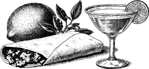 Engraved illustration of burrito and margarita for culinary art and menu design