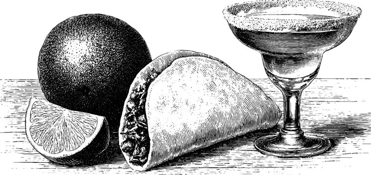 Engraved illustration of burrito and margarita with citrus element for mexican cuisine theme