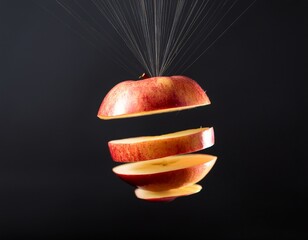 A red apple is sliced horizontally into floating segments, suspended mid-air against a dark background with visible support lines above.