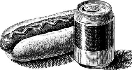 Vintage engraved illustration of hot dog and soda can for culinary art design