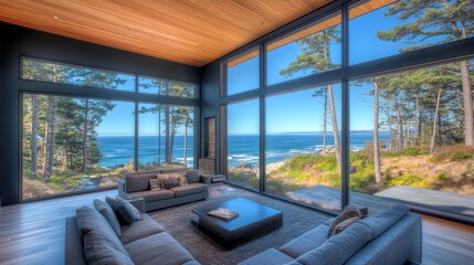 Coastal living room with expansive ocean views.