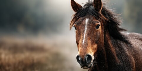 Fototapeta premium Majestic brown horse standing proudly in a misty field during early morning light