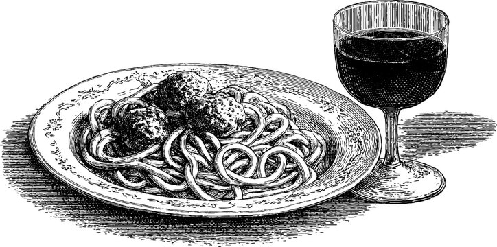 Classic engraved illustration of spaghetti and meatballs with wine for culinary art decor