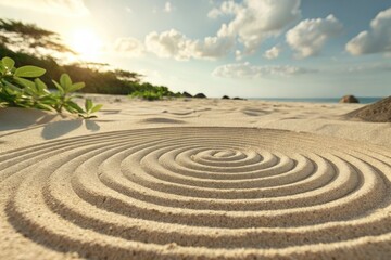 Sand pattern, Beach with spiral sand art and sun flare in background under cloudy sky