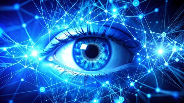 Futuristic digital eye network with glowing connections for technology concept