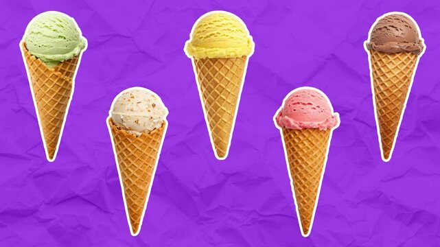 Set of waffle cones with ice cream balls of different flavors: chocolate, banana, strawberry, pistachio, nut. Ice cream concept. Empty space for text. Stop motion animation on purple paper background