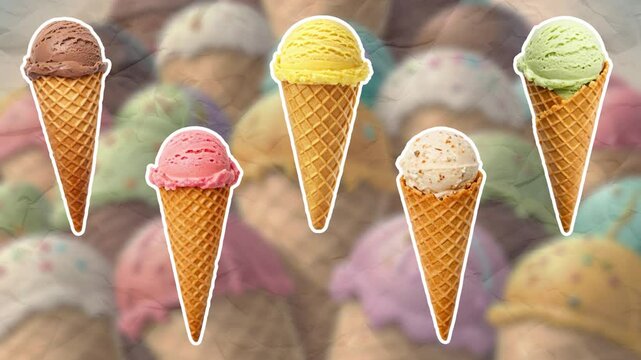 A set of waffle cones with ice cream balls of different flavors: chocolate, banana, strawberry, pistachio, nut. Ice cream concept. Empty space for text. Smooth animation on color paper background