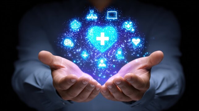 A person holding glowing medical icons around a heart symbol in their hands in a dark setting - Powered by Adobe