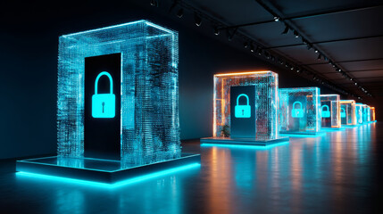 High-tech cybersecurity expo with illuminated lock installations in a futuristic display tunnel.