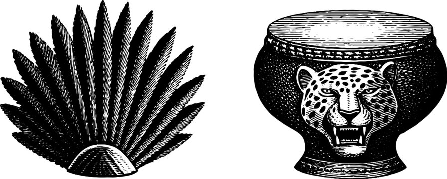 Engraved aztec feather fan and jaguar-head drum illustration set