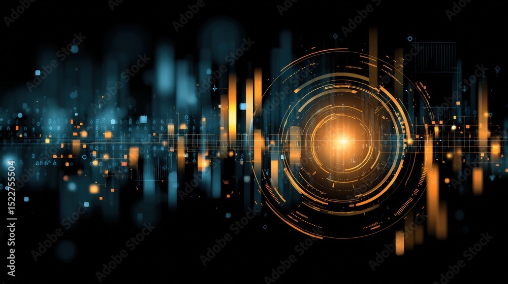 Poster abstract futuristic tech interface with glowing circle and geometric elements on black background