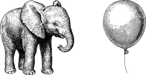 Engraved baby elephant with balloon illustration for child decor