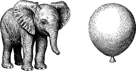Engraved vintage illustration of an elephant with balloon. Detailed black and white wildlife sketch, classic traditional artwork.