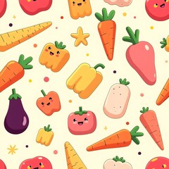 Cute seamless pattern with garden vegetables like carrots
