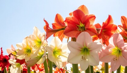 Obraz premium Blooming amaryllis with orange, pink, and white petals against a clear blue sky