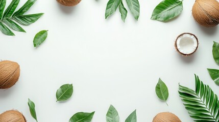 Coconuts with leaves on a white background, selective focus, Generative AI,