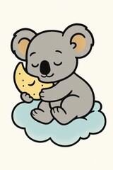 Naklejka premium A cute cartoon koala hugs a smiling moon while sitting on a fluffy blue cloud, appearing calm and peaceful.