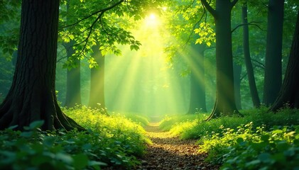 Obraz premium Serene nature scene perfect for meditation; sunlight filters through leaves onto tranquil forest floor Ideal for relaxation, mindfulness, and well-being themes , flora, environment, trees