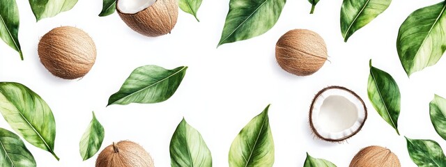 Coconuts with leaves on a white background, selective focus, Generative AI,