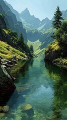 Scenic mountain landscape with clear river and towering peaks in bright daylight