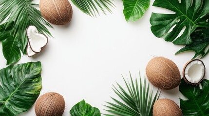 Coconuts with leaves on a white background, selective focus, Generative AI,
