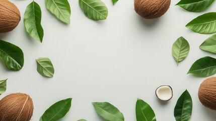 Coconuts with leaves on a white background, selective focus, Generative AI,