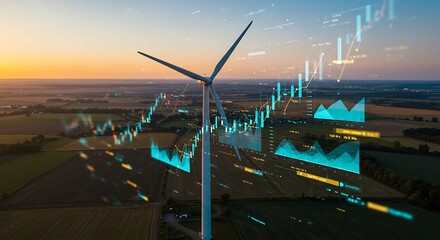 Wind Turbine with Financial Data Overlay Against a Sunset Landscape Representing Sustainable Energy Investments and Market Growth