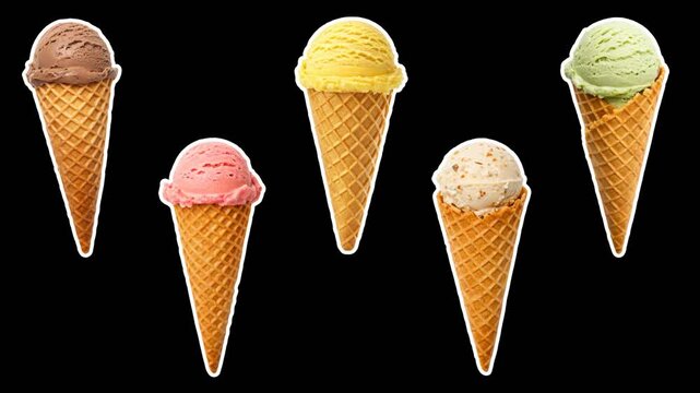 Set of waffle cones with ice cream balls of different flavors: chocolate, banana, strawberry, pistachio, nut. Ice cream concept. Empty space for text. Smooth animation on transparent background