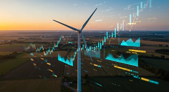 Wind Turbine with Financial Data Overlay Against a Sunset Landscape Representing Sustainable Energy Investments and Market Growth - Powered by Adobe