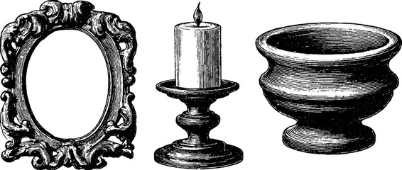 Vintage colonial engraved wooden frame candleholder and bowl collection for antique design