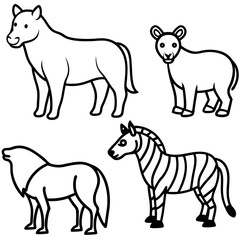 A set of vector animal silhouettes: wild mammals like dogs, horses, pigs, sheep, wolves, cows, bears, and bulls, isolated in black and white outlines for nature illustrations