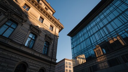 Obraz premium Old Court Building and Modern Structure in Contrasting Architectural Styles Against Clear Sky