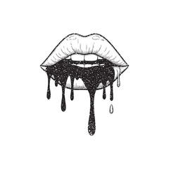 Dripping lips with halftone stipple effect in a grunge punk style. Retro photocopy-inspired texture with edgy dotwork. Vector illustration for rebellious and surreal collage design