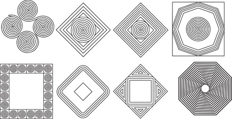 Decorative black and white spiral shapes and geometric patterns with artistic design elements