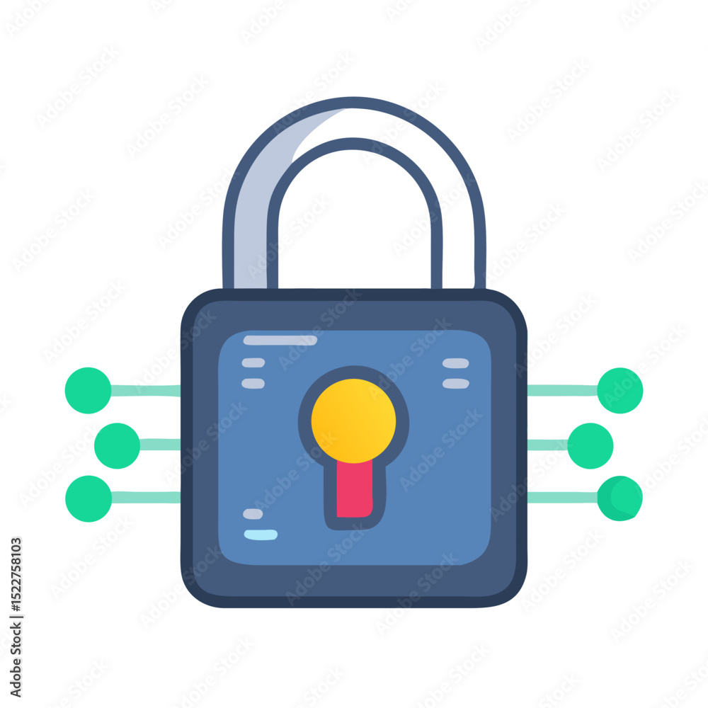 Poster digital padlock symbolizing security with connected data nodes