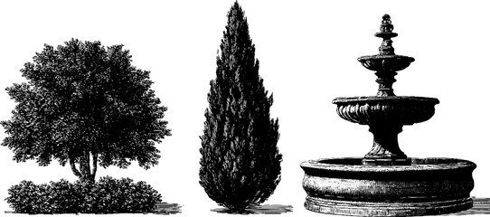 French provincial garden elements: engraved illustrations of trees and fountain design