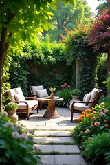 Serene patio garden oasis, lush greenery, blooming flowers, inviting seating area perfect for relaxation and outdoor entertaining , pots, picturesque, wood