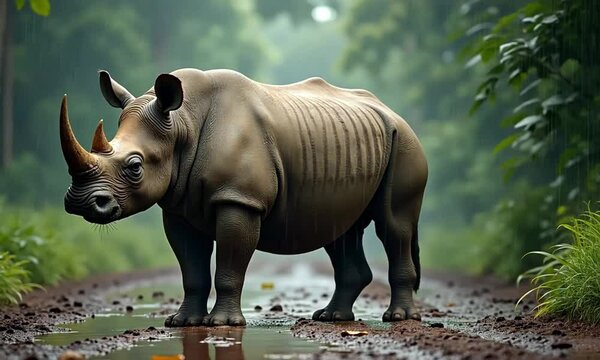 Javan Rhino Standing in Rainy Jungle Clearing with Protective Stance

