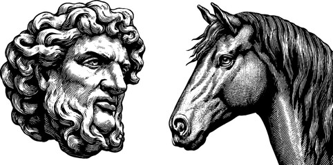 Engraved illustration set of georgian classical bust and horse head design for art and decor