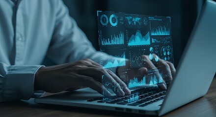 Data Analysis and Visualization A Businessman Working on a Laptop with Holographic Charts and Graphs Overlaying the Screen
